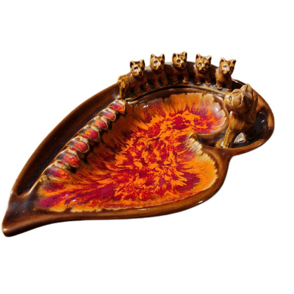 California Pottery MCM Signed  Ashtray Gold Red Orange Drip Boxer Dogs - Picture 1 of 14